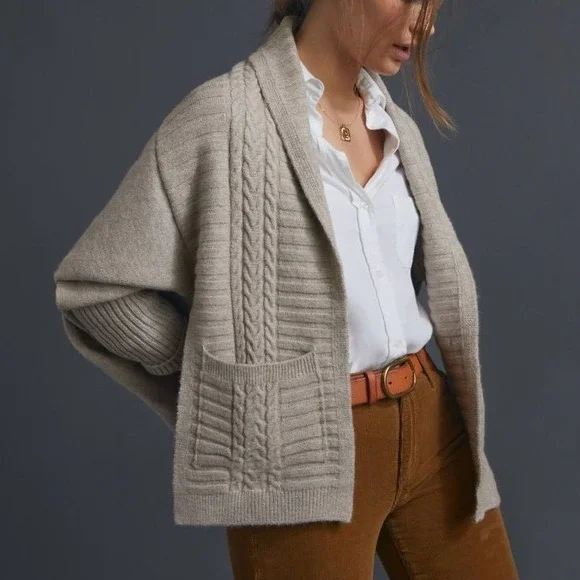 Anthropologie Cozy Cable Knit Open Front Cardigan Sweater Beige One Size - Picture 1 of 7